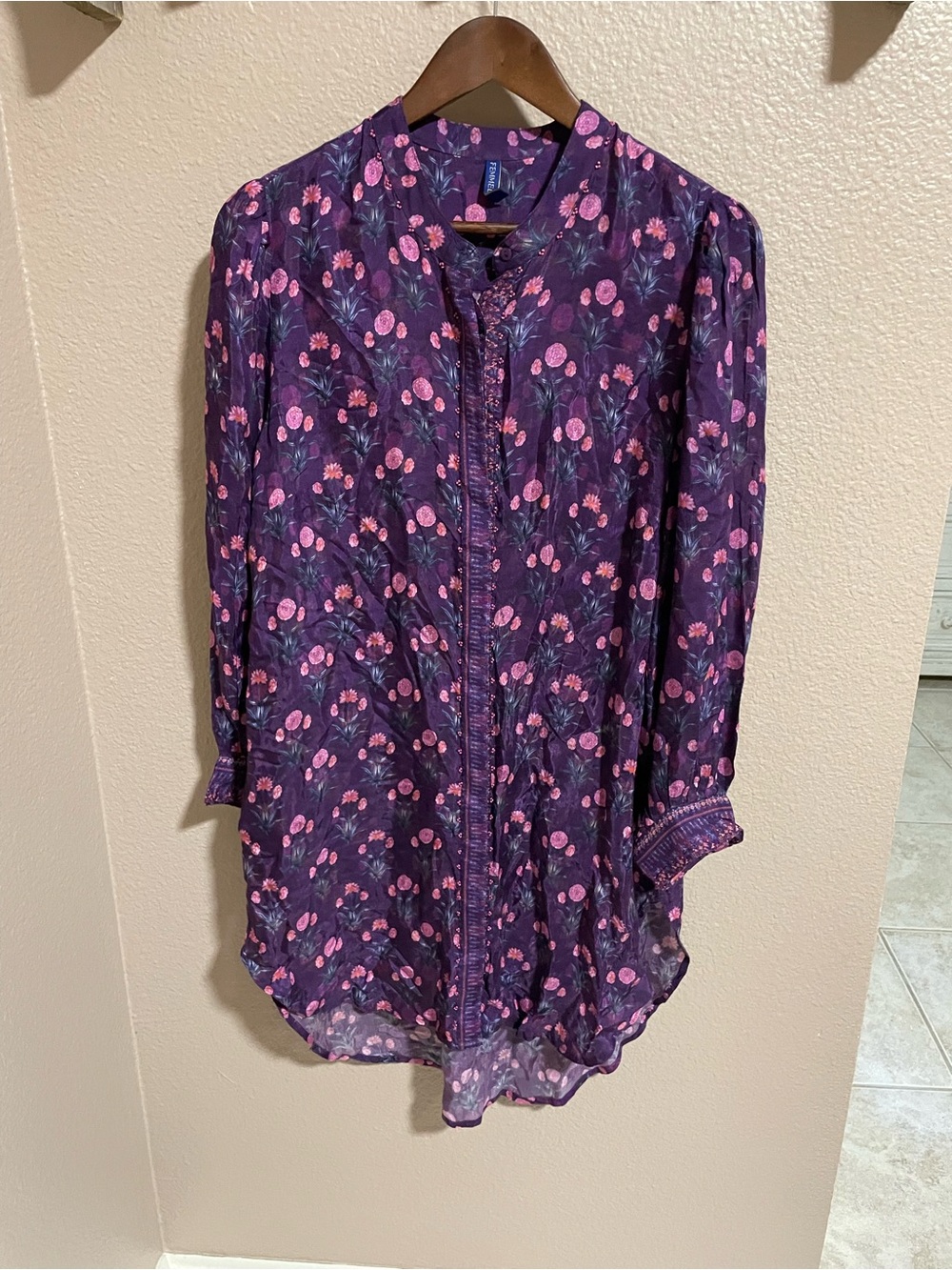 Femmella Longline Floral Tunic dress Top in Purple with Pink Print